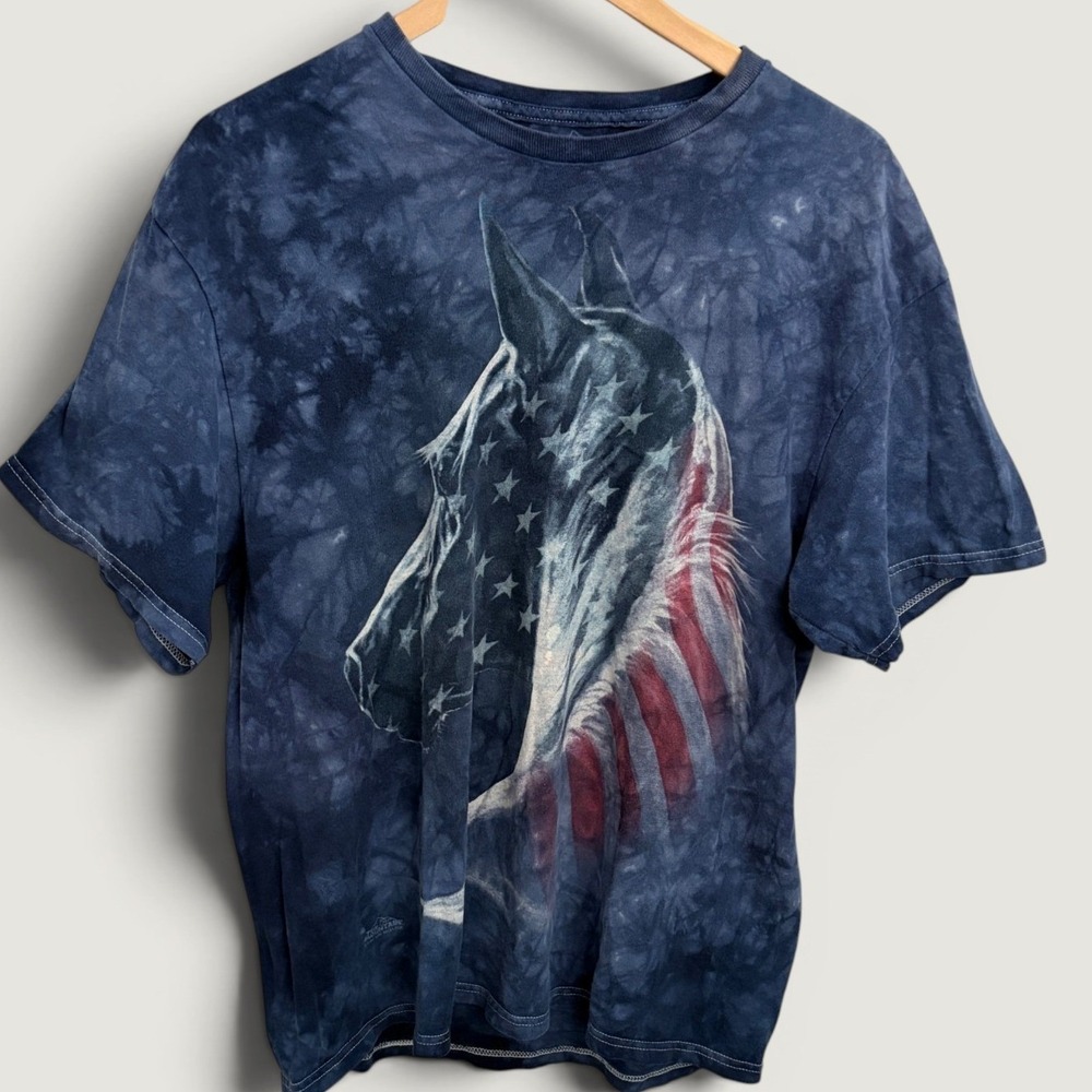 The Mountain Patriotic Horse American Flag T Shirt Size XL Blue Tie Dye 2012